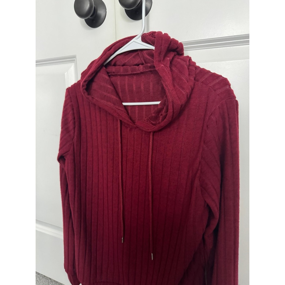 Burgundy Ribbed Knit Pullover Hoodie Long Sleeve Sweatshirt Women Medium